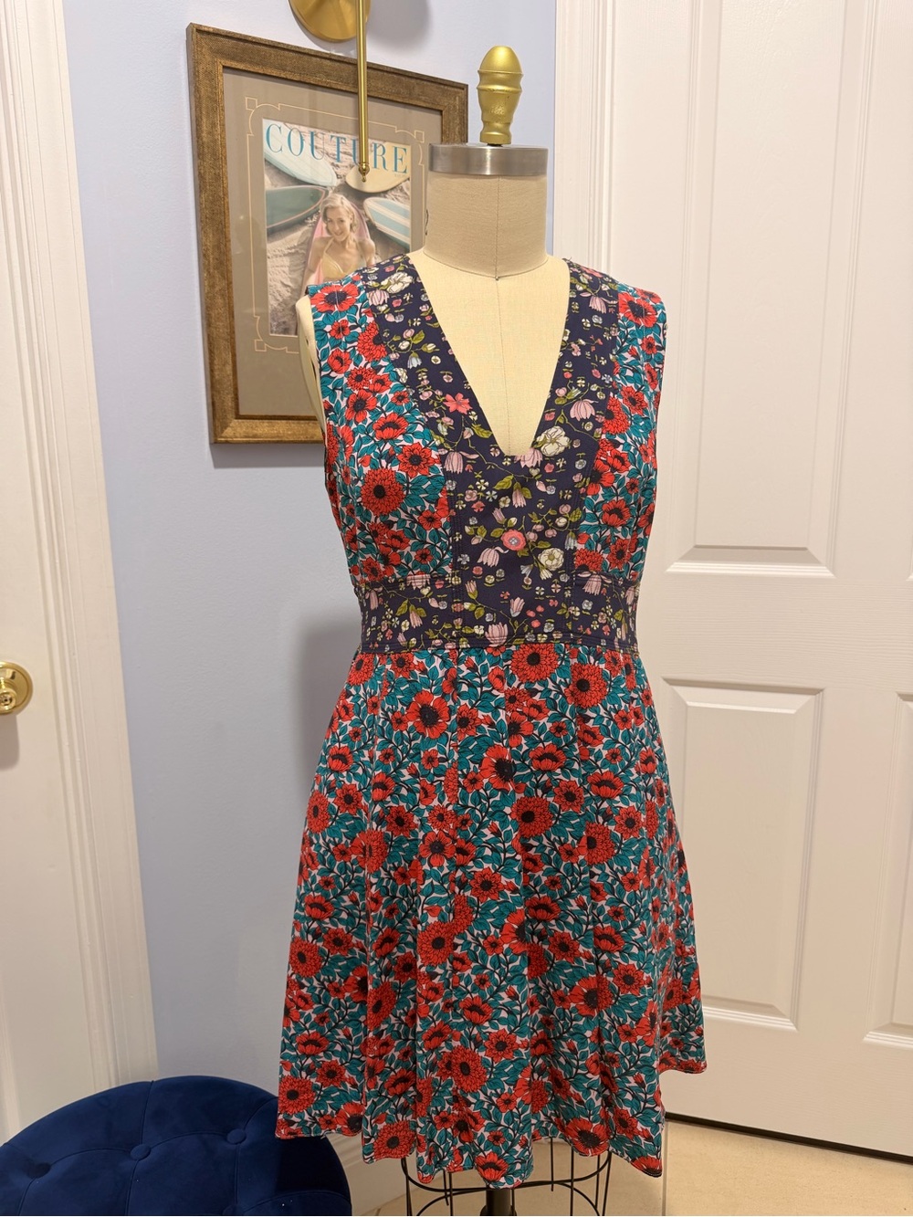 Rebecca Taylor Teal & Navy Floral V-Neck Mini Dress